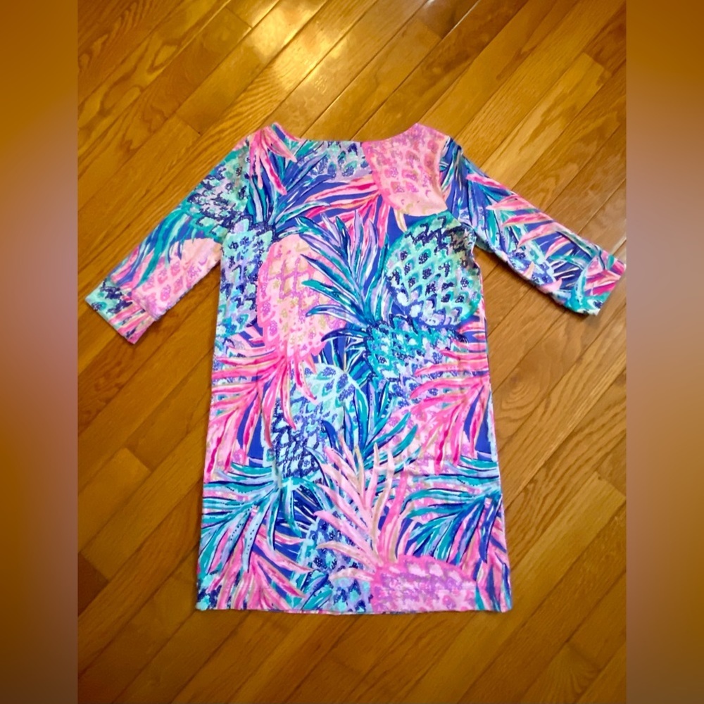 Lilly Pulitzer Pineapple Print Stretch Sophie Sheath Dress Pink Blue SZ L (8-10) - Picture 2 of 8